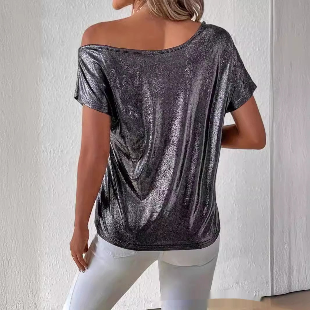 Off-the-shoulder Sequined Short-sleeved T-shirt Women's Top