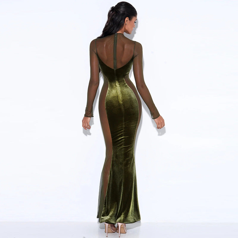 Sexy Hollow See Through Dress Autumn New Hot Long-sleeved Round Neck Backless Dress