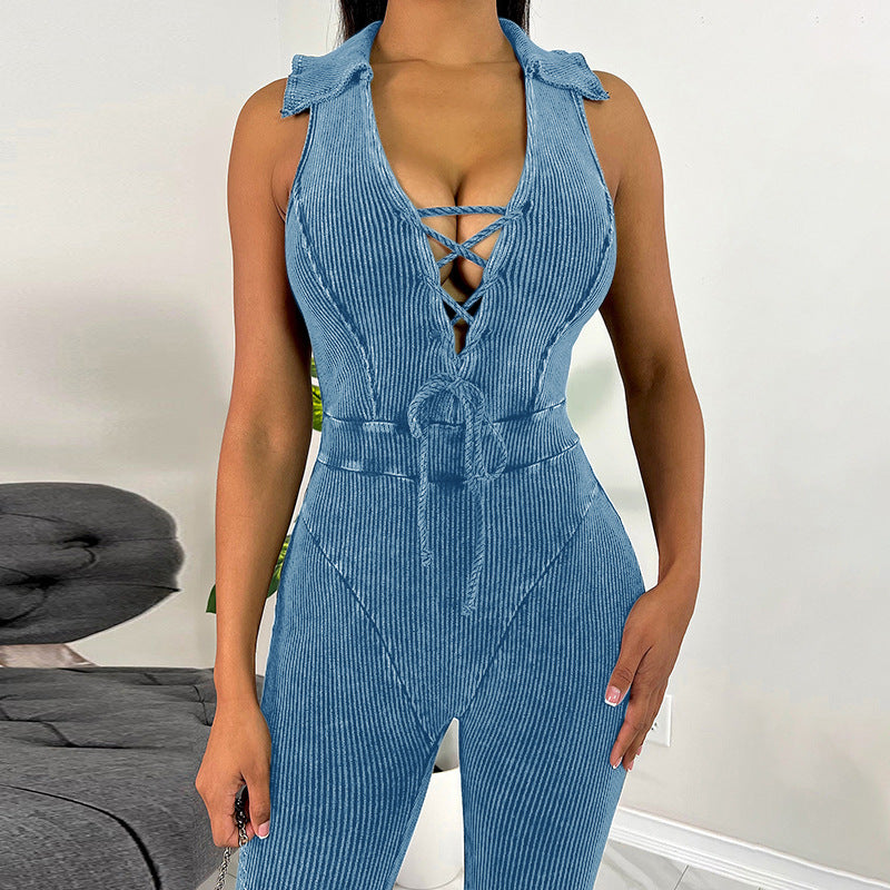 Women's Suspenders Skinny Butt Lifter Jumpsuit With Lapel Straps