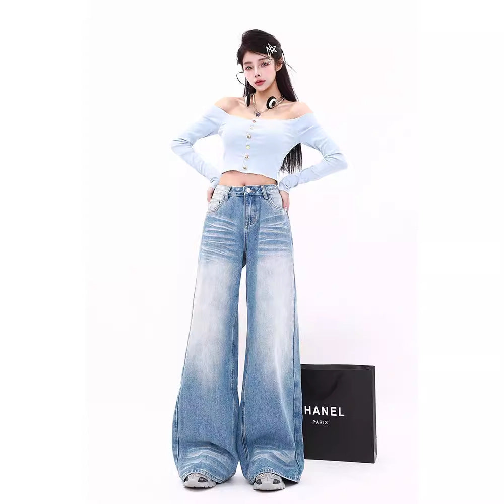 Narrow High Waist Straight Mop Denim Pants