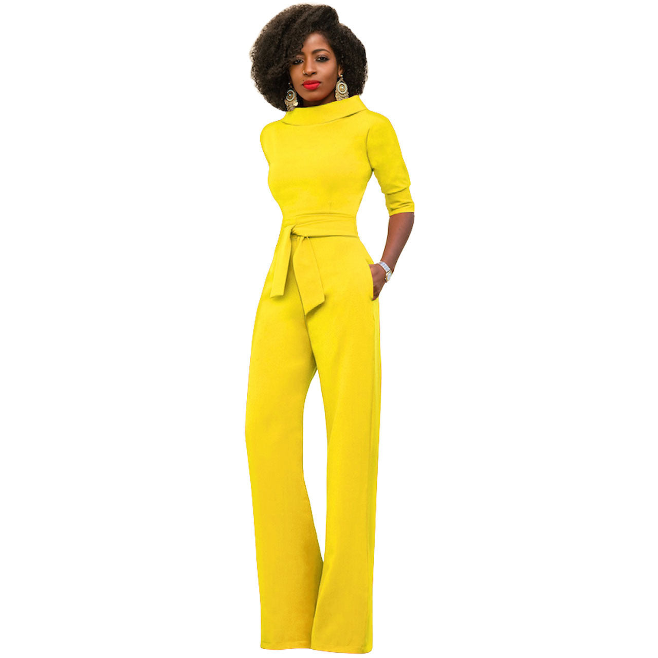 Solid Color Five Quarter Sleeve High Waist Wide Leg Jumpsuit