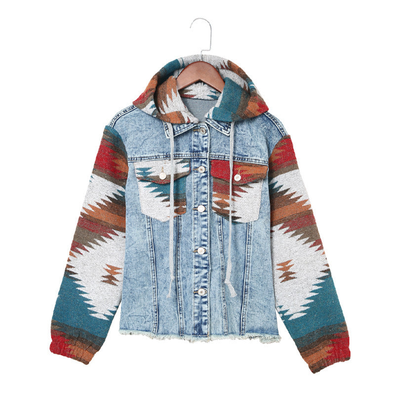 Cool Western Style Denim Stitching Hooded Jacket Multi-color Printed Frayed Hem Jacket