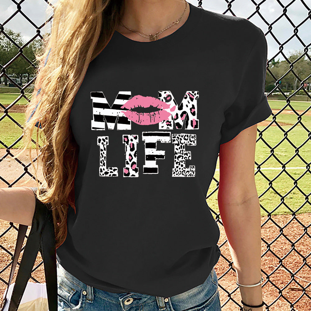 Mother's Day MOM LIFE Leopard Print Lip Printings Round Neck Short Sleeve T-shirt