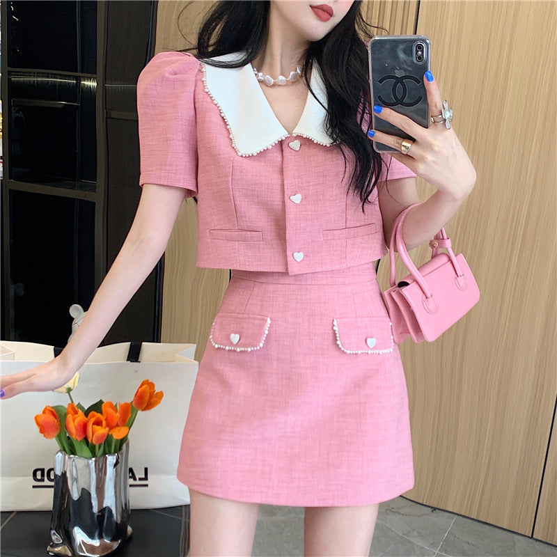 Women's Summer Doll Collar Cardigan Waist Skirt Set