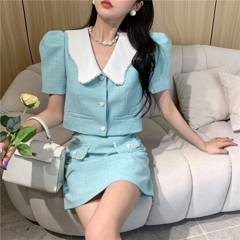 Women's Summer Doll Collar Cardigan Waist Skirt Set