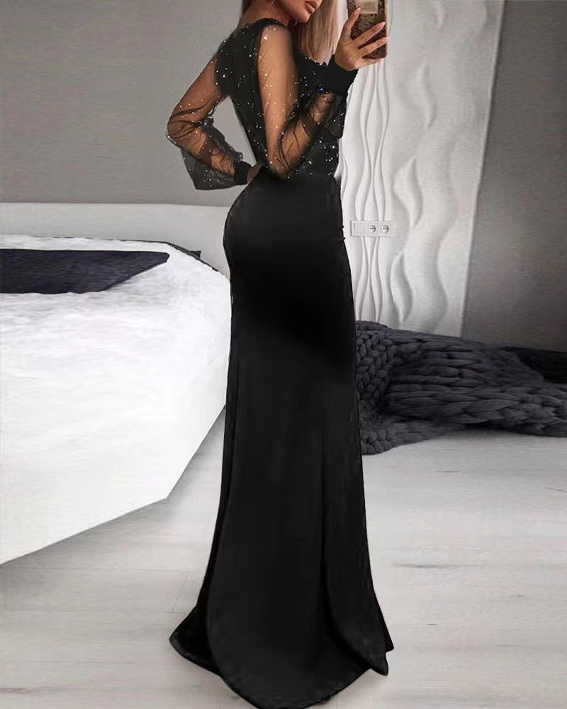 Package Hip Mid-rise Abdomen-control Black Mesh Sequins Dress