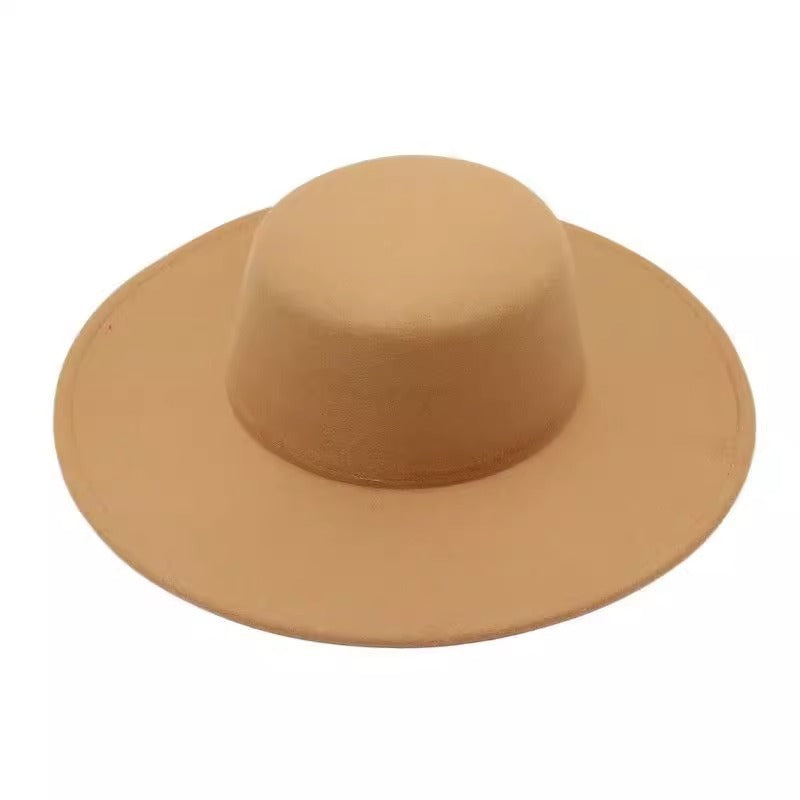 Flat Top Woolen Big Brim Fedora Hat Hepburn Style