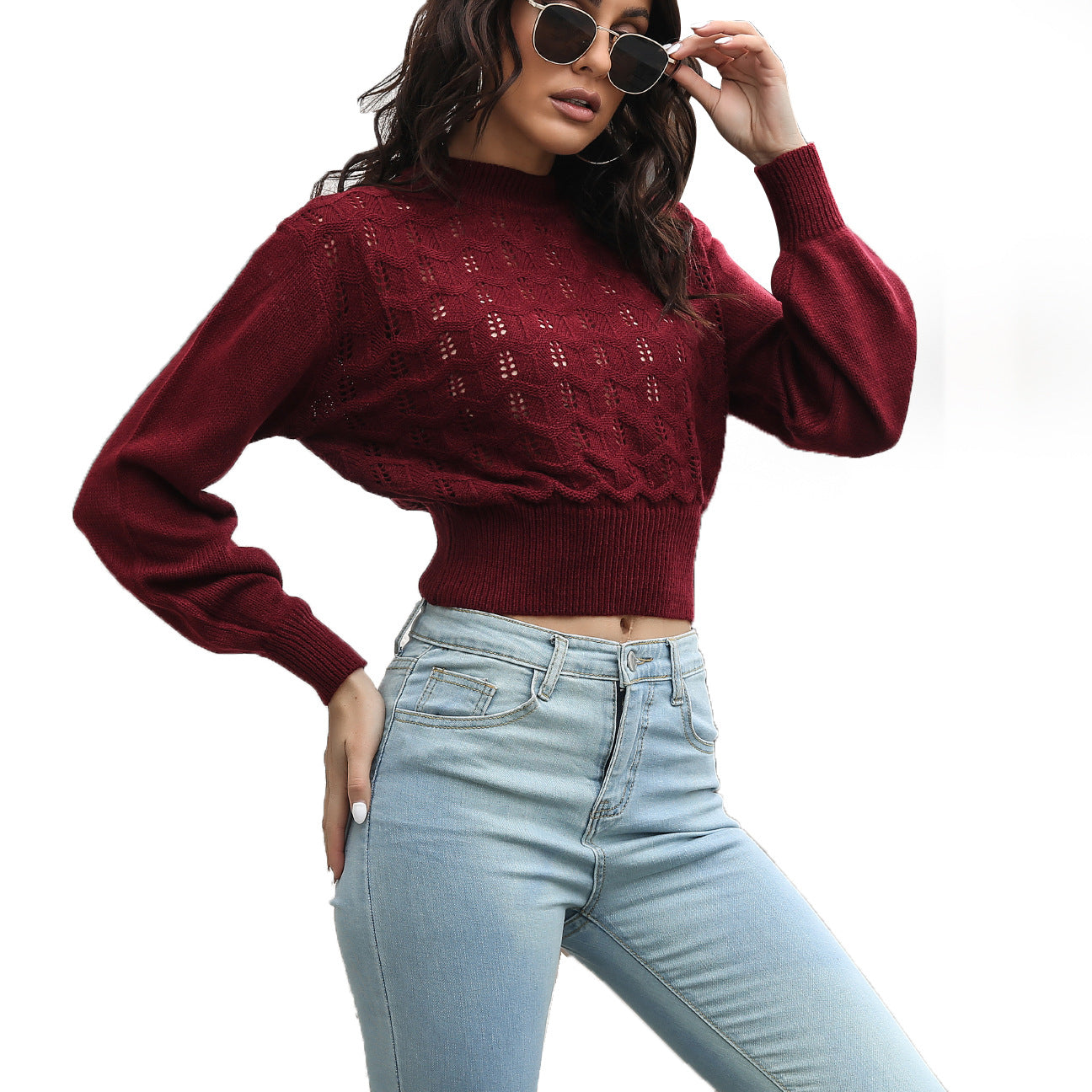 Independent Station Amazon Lantern Sleeve Hollow Knitted Midriff-baring Sweater