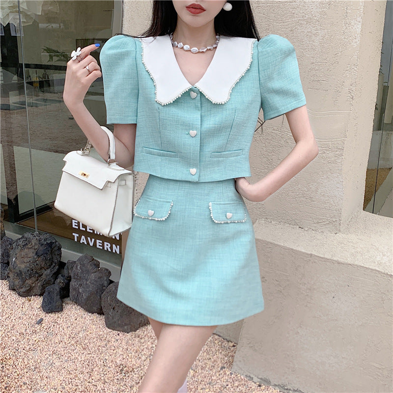 Women's Summer Doll Collar Cardigan Waist Skirt Set