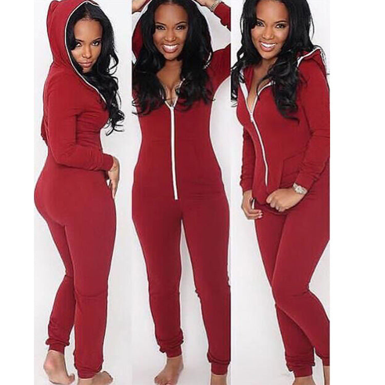 Women's Fashion Velvet Padded Hooded Zipper One-piece Trousers With Pockets