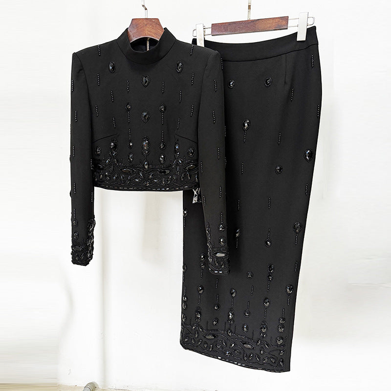 Diamond Baddie Fashion New Heavy Industry Beads Diamond Inlaid Short Top Long Skirt Suit