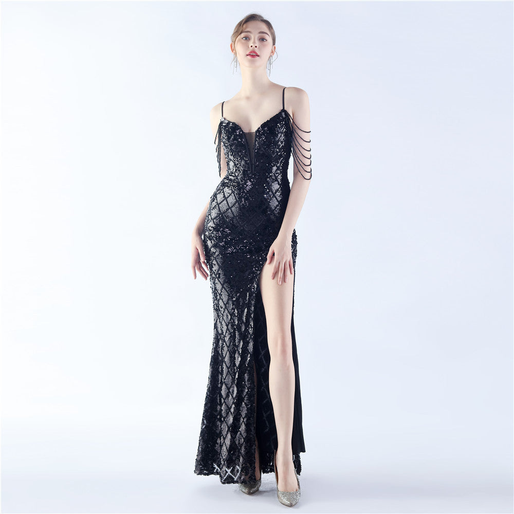 Fishbone Waist-tight Ratchet Tie Down Magic Color Sequin Craft Beaded High-end Evening Dress