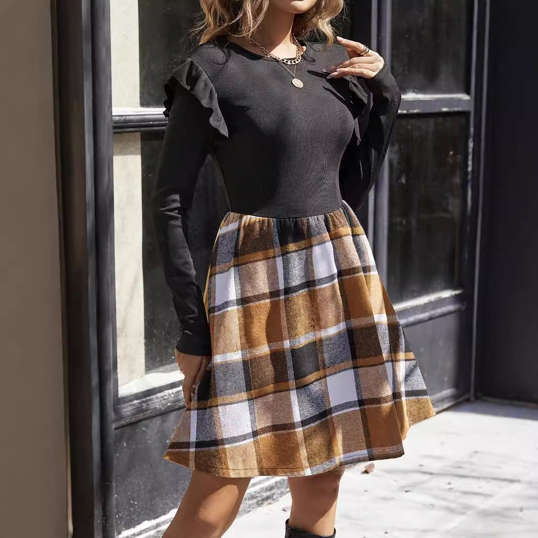 Sunken Stripe Stitching Plaid Long Sleeve Dress