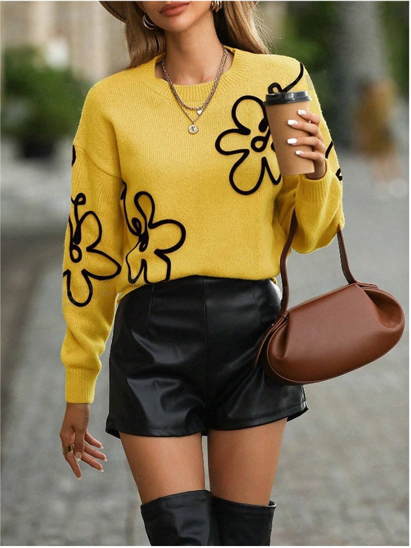 Solid Color Flower Jacquard Knitted Sweater