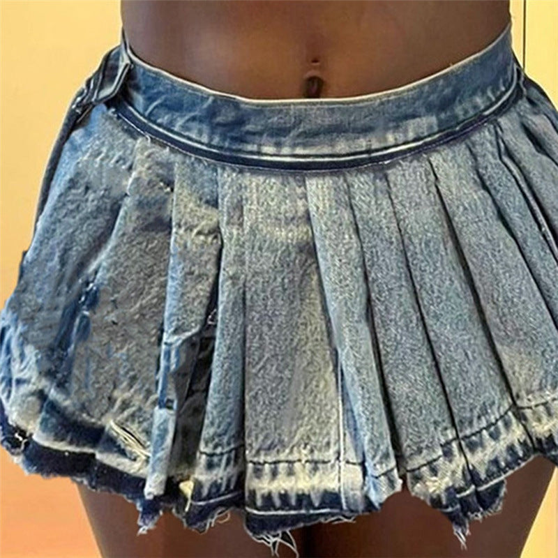 Women's Fashion Wash Ruffle Hip Denim Skirt