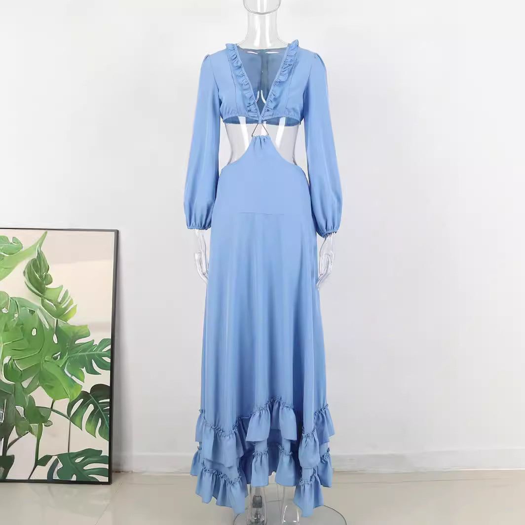 Blue Deep V-neck Midriff Outfit Women's Long Sleeve Long Dress