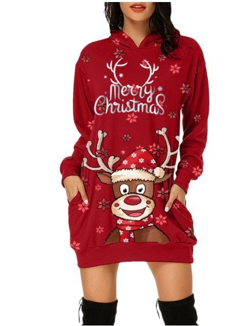 Christmas Women's Casual Elk Printing Long Sleeve Pocket Hooded Sweater Loose Dress