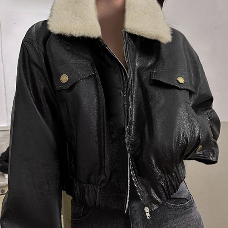 Retro Fur Collar Workwear Leather Jacket Design Sense