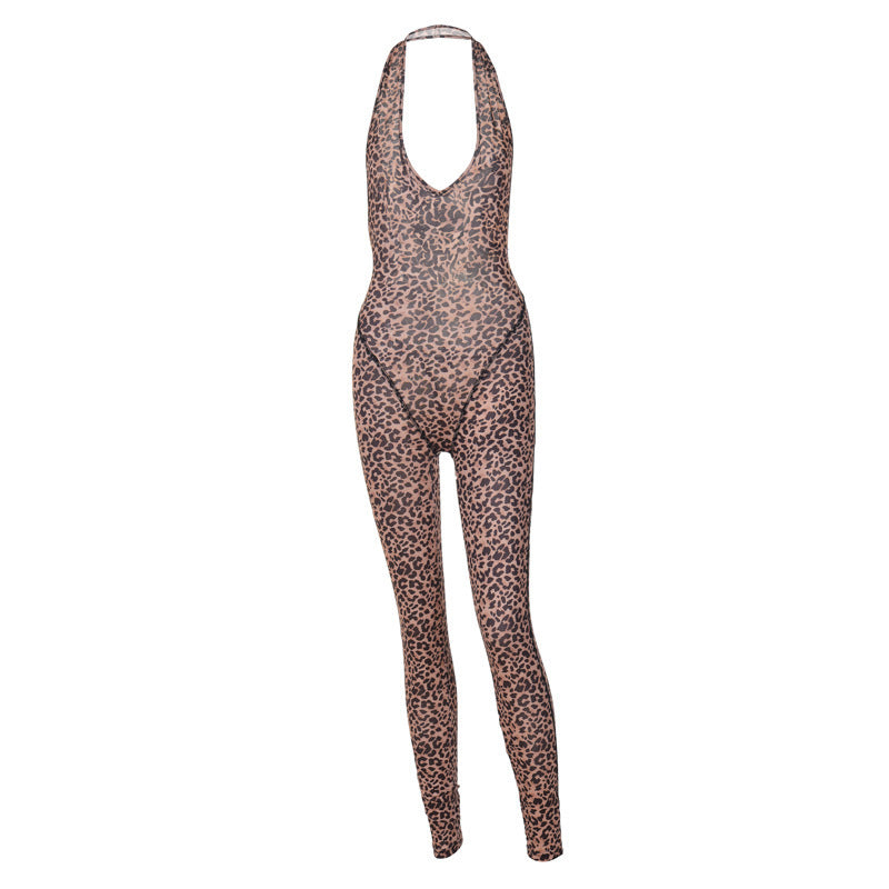 Leopard Print Printed Sexy V-neck Backless Slim Fit Halter Jumpsuit