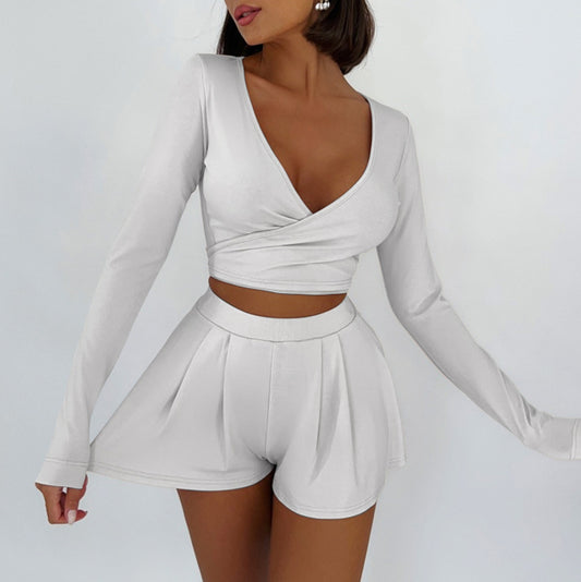 Women's Elegant Slim Fit Deep V Long Sleeve Vest Shorts Set