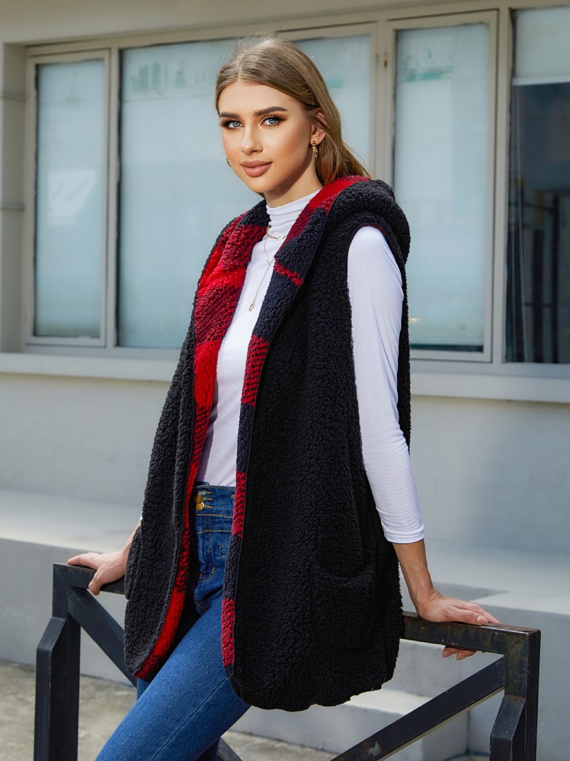 Cardigan Plaid Plush Vest Coat