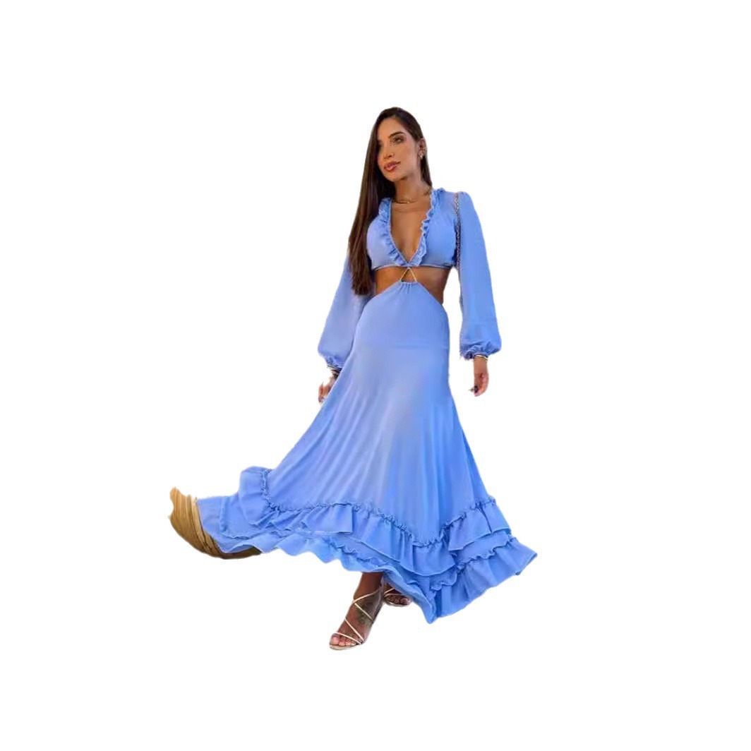 Blue Deep V-neck Midriff Outfit Women's Long Sleeve Long Dress