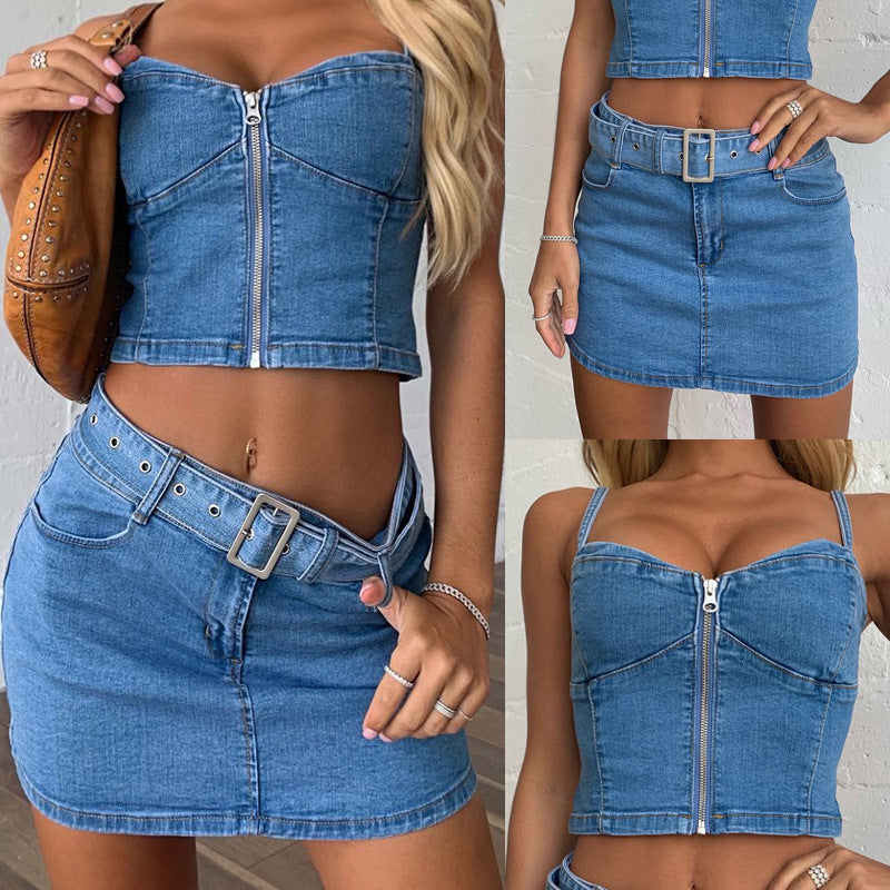 Denim Sling Zip Wrap Mini denim Tank-Top and Skirt