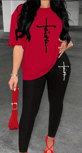 Faith Round Neck T-Shirt And Leggings Set