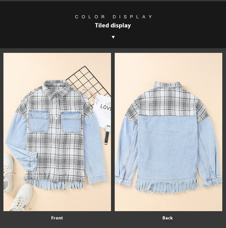 Plaid Patchwork Tassel Flap Pocket Denim Jacket