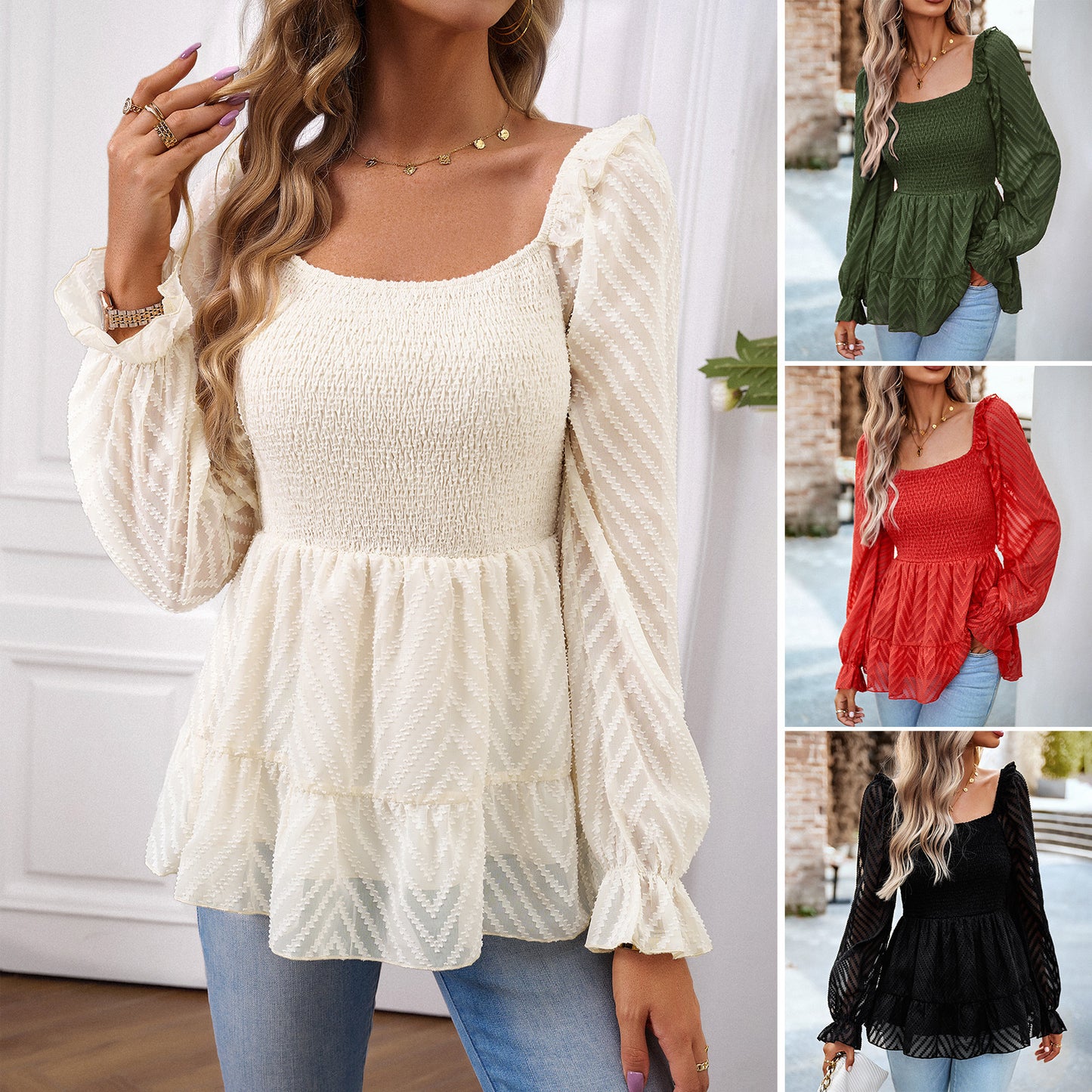 Women's Fashion Solid Color Square Collar Long-sleeved Top