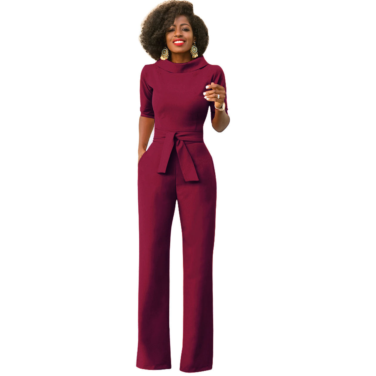 Solid Color Five Quarter Sleeve High Waist Wide Leg Jumpsuit