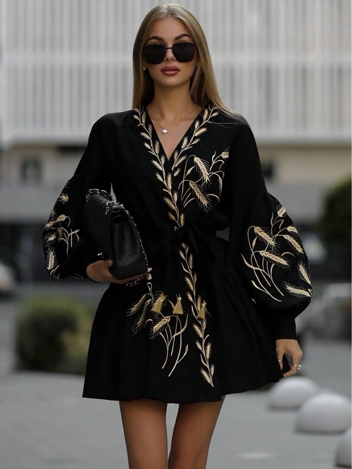 Baller Fashion Printed Wide Hem Long Sleeve Dress