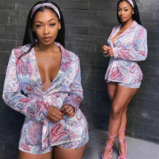 Fashion Women's Printed Coat Shorts Suit