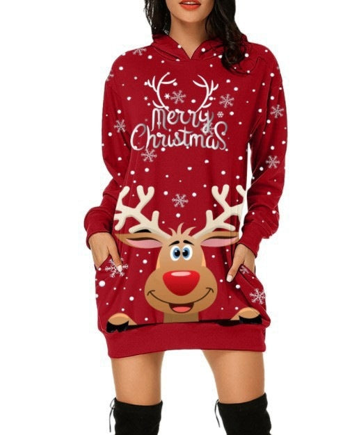 Christmas Women's Casual Elk Printing Long Sleeve Pocket Hooded Sweater Loose Dress