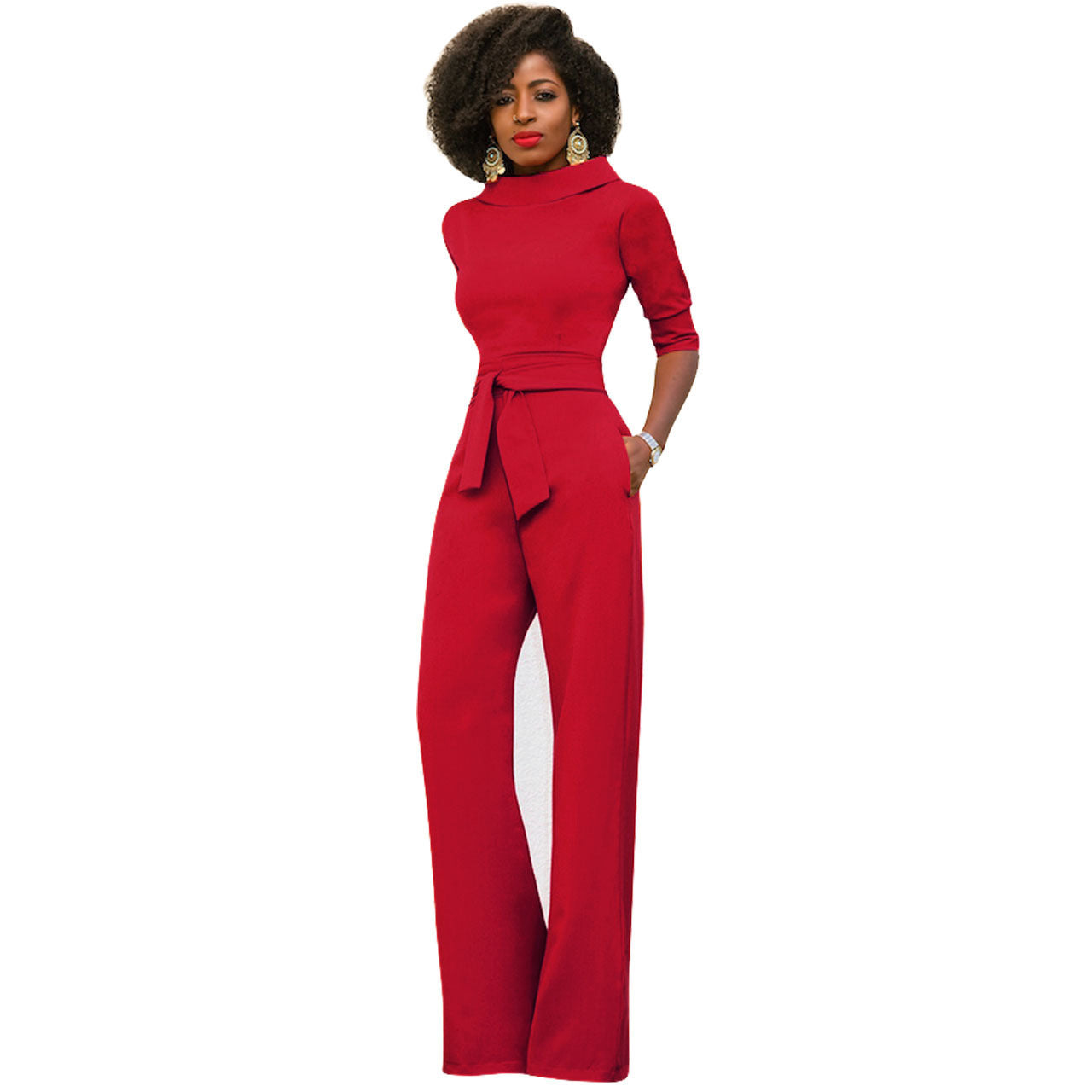 Solid Color Five Quarter Sleeve High Waist Wide Leg Jumpsuit