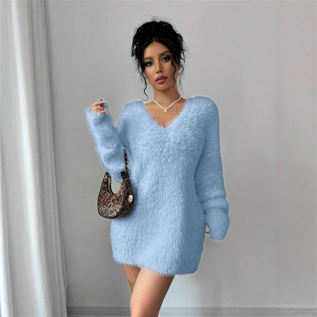 V-neck Solid Color Knitted Short Sweater Dress