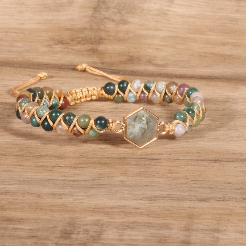 Indian Agate Hexagonal Charm Braided Bracelet