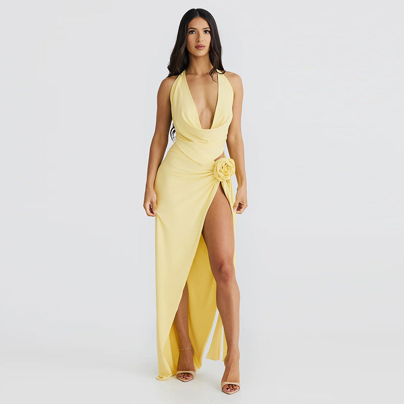 Lace-up Backless Sexy Deep V-neck Halter Sling High Slit Mid-length Dress