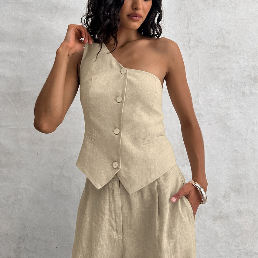 Cotton Linen Sleeveless Irregular Collar vest and pants