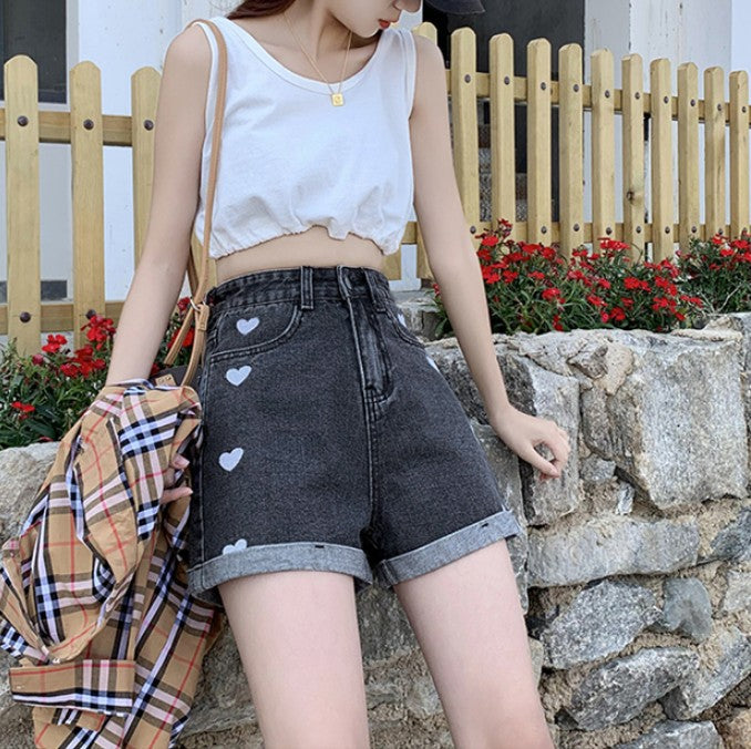 Hearts cute High-Waist Slimming Denim Shorts