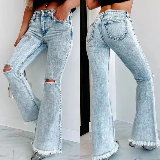 Women's Fashion Wash High Waist Ripped Jeans