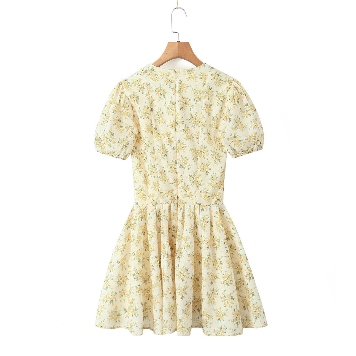 French Sweet Yellow With Dazzle V-neck Puff Sleeve Dress