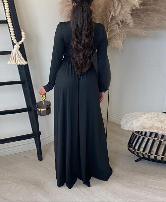 Women's Deep V Neck Long Sleeve Long Dresses Pleated High Waist Slit Club Party Evening Maxi Dress