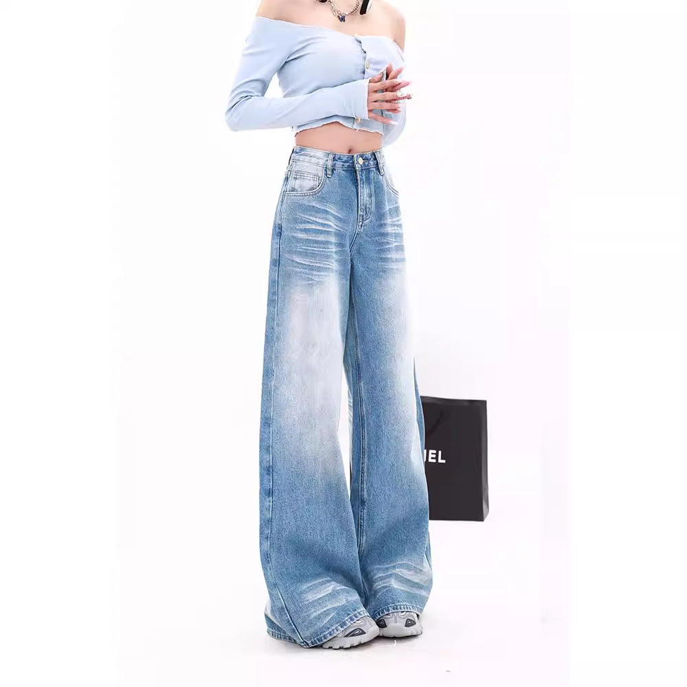 Narrow High Waist Straight Mop Denim Pants