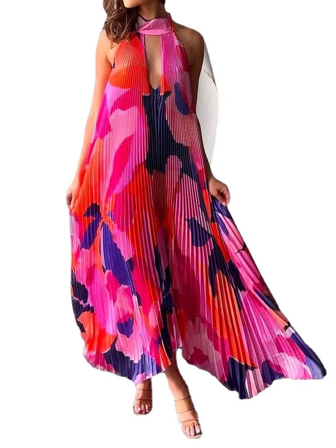 Deep V Halter Backless Printed Pleated Swing Dress