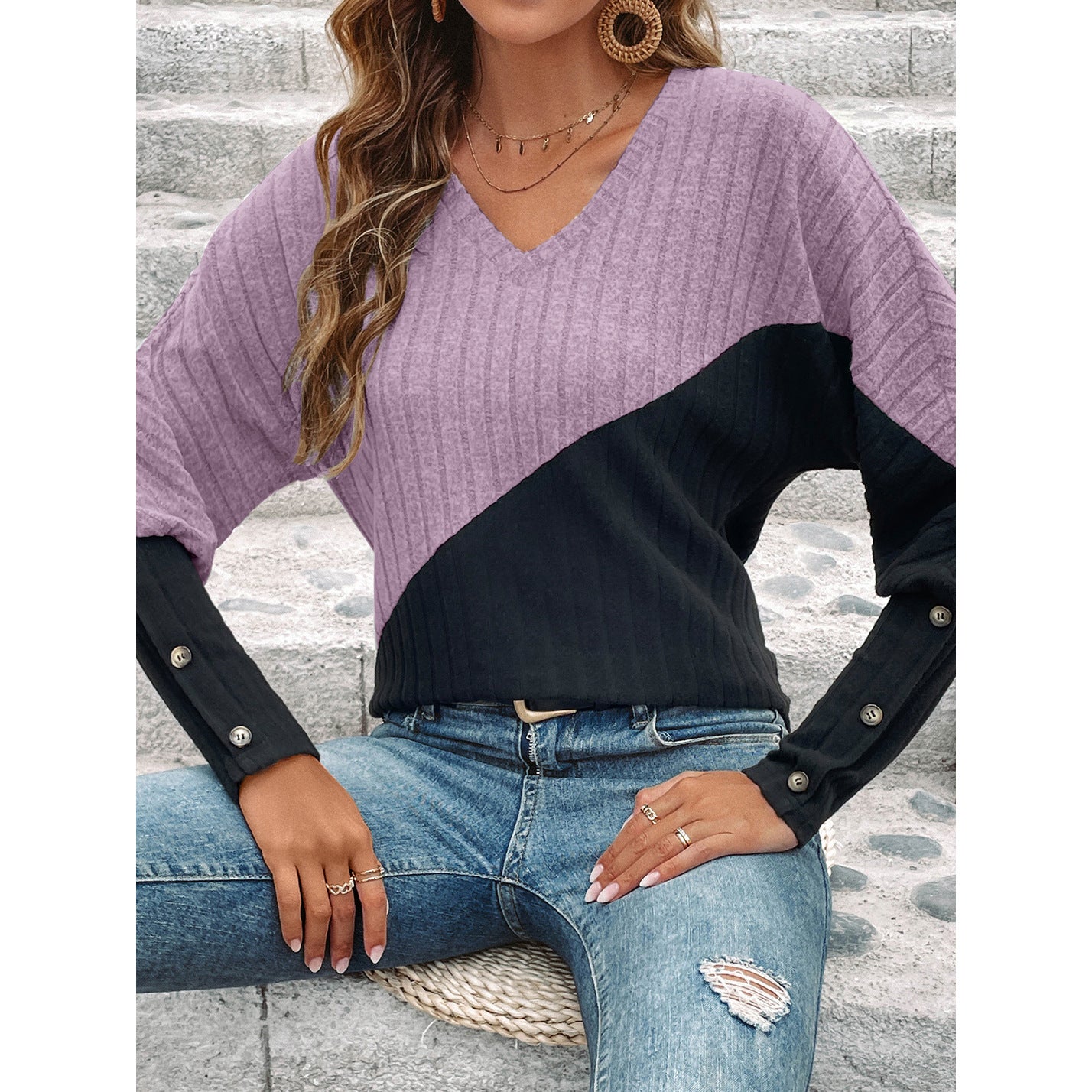 Long Sleeve V-collar Contrast Color Slimming Top