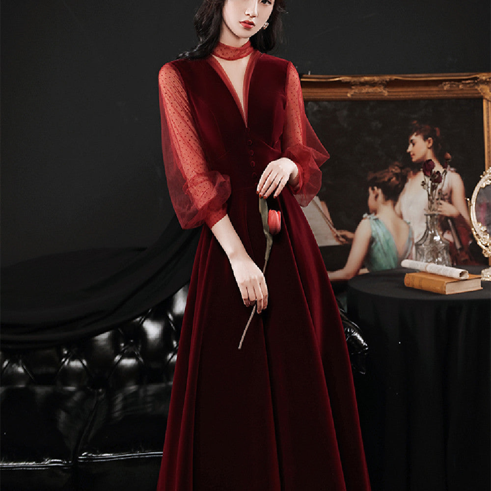 Women's Velvet Wine Red Banquet Dress