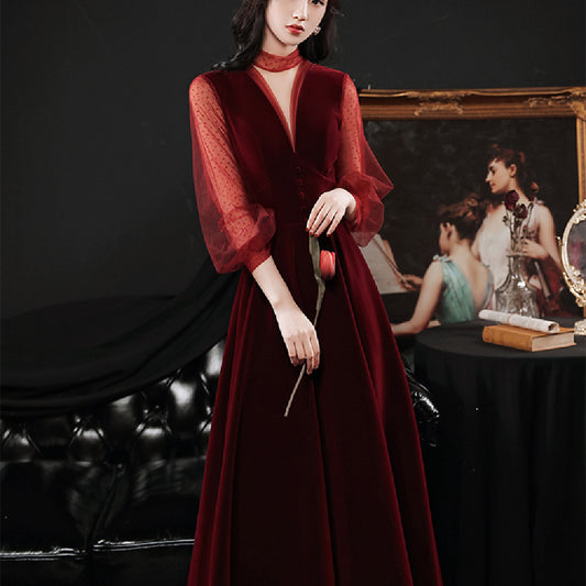 Women's Velvet Wine Red Banquet Dress