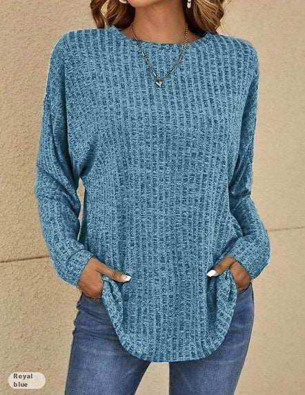 Knitted Round Neck Sunken Stripe Sweater