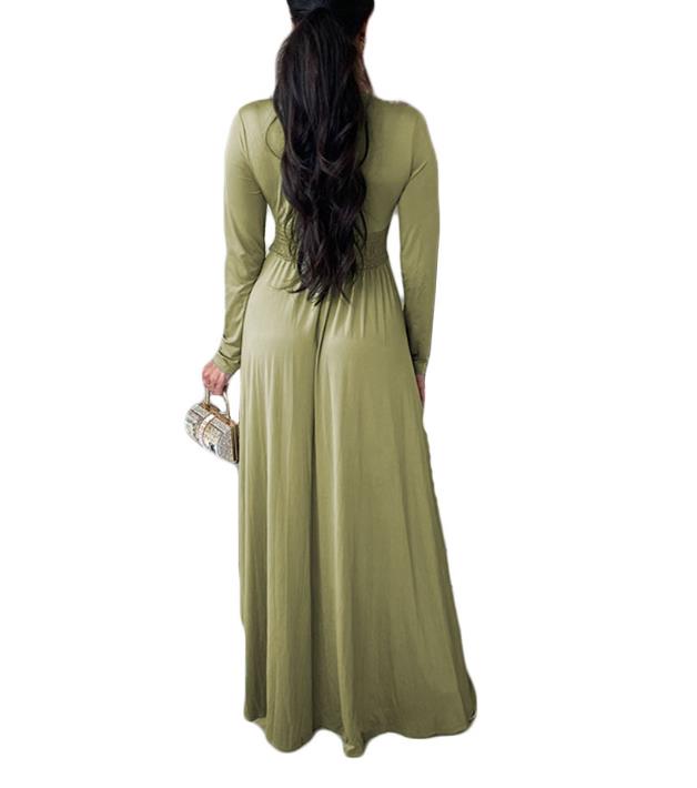 Women's Deep V Neck Long Sleeve Long Dresses Pleated High Waist Slit Club Party Evening Maxi Dress